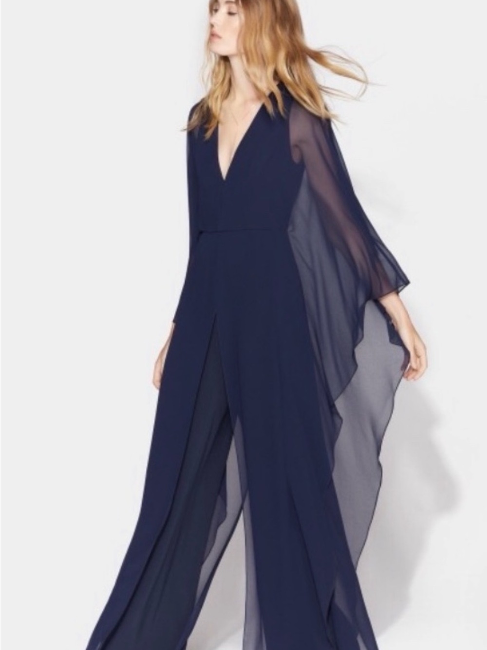 Halston Heritage Navy V-Neck Wide-Leg Jumpsuit with Sheer Cape Sleeves